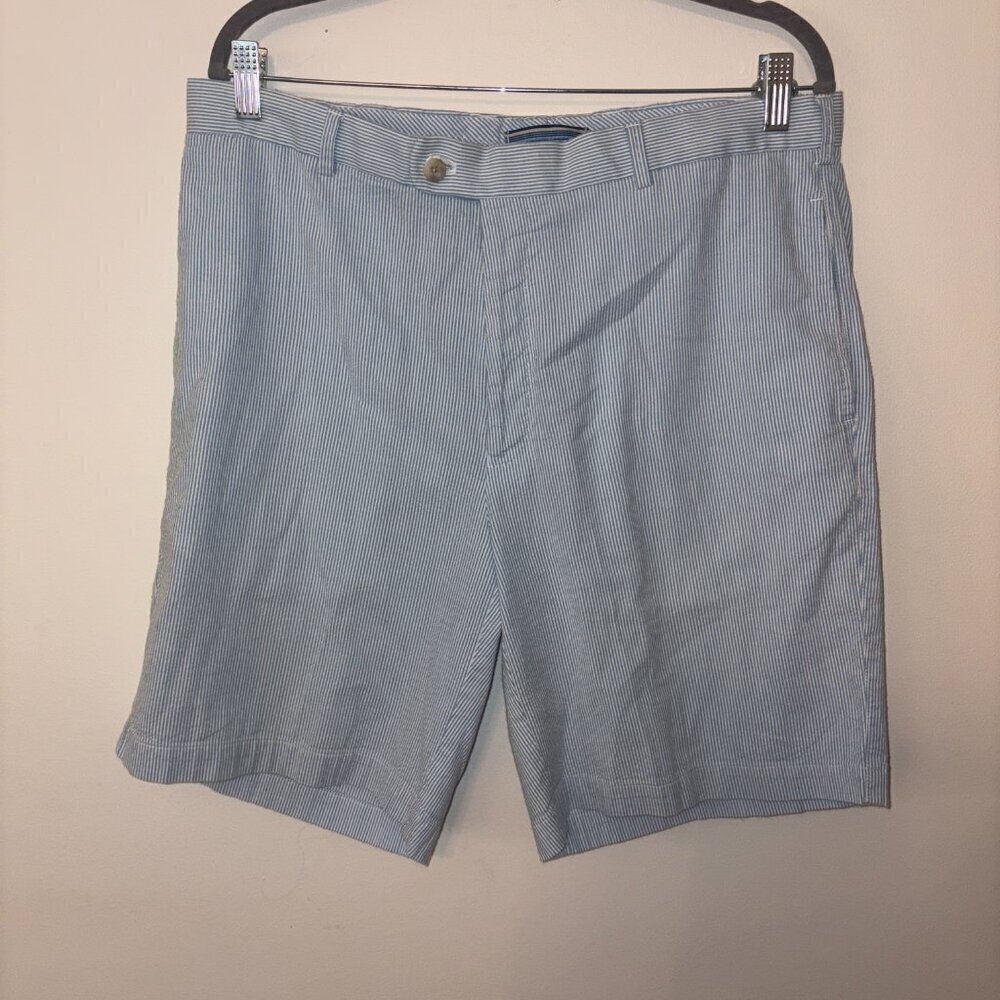 Peter Millar Seersucker Flat Front Shorts Blue White Stripe Size 36